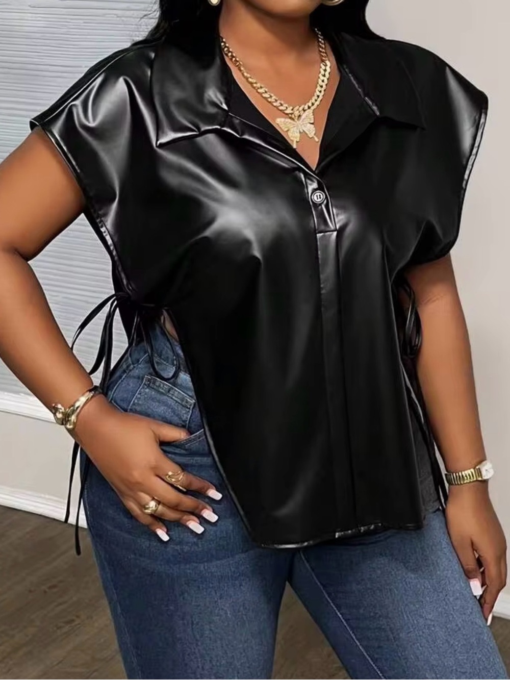 Plus size 3XL Black Faux Leather Cap-Sleeve Button Front Top
